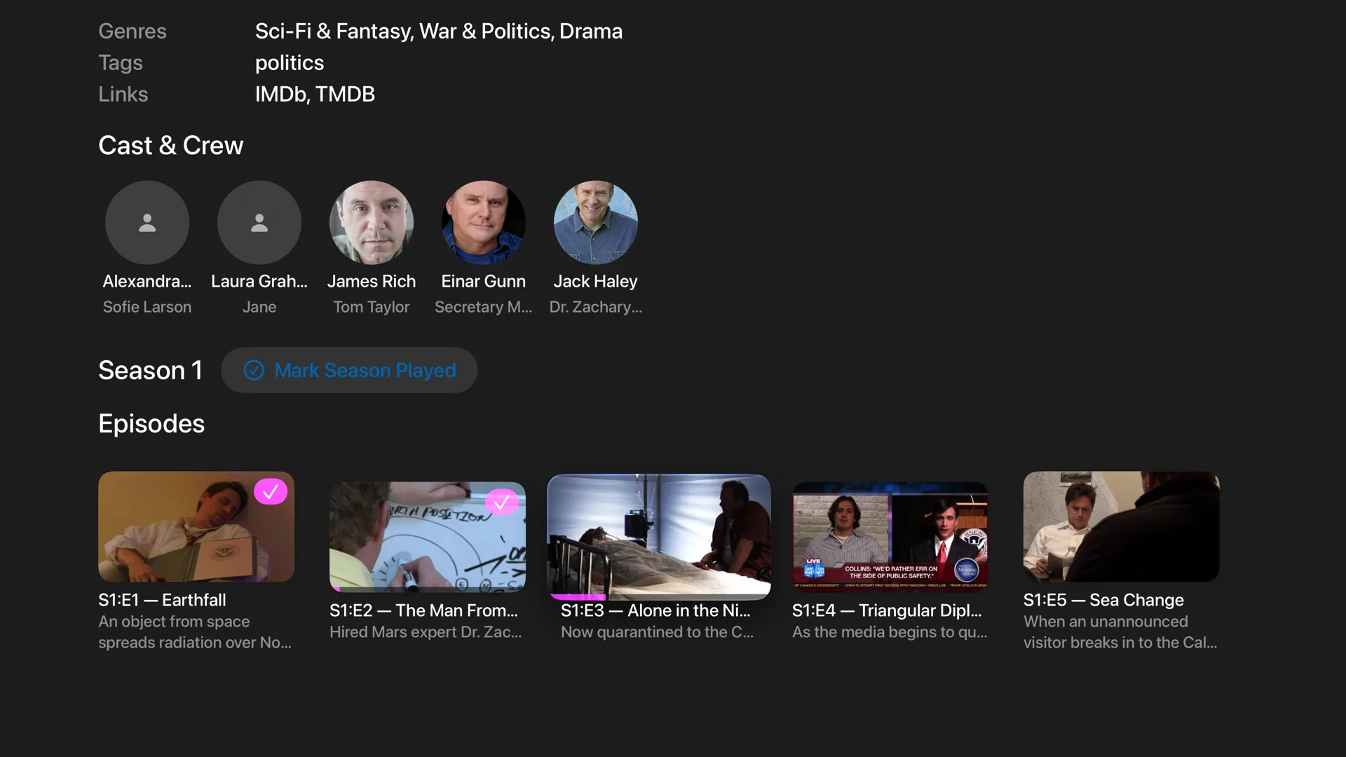 Pioneer One series page showing cast and crew and a row of Season 1 episodes with watched and progress markers