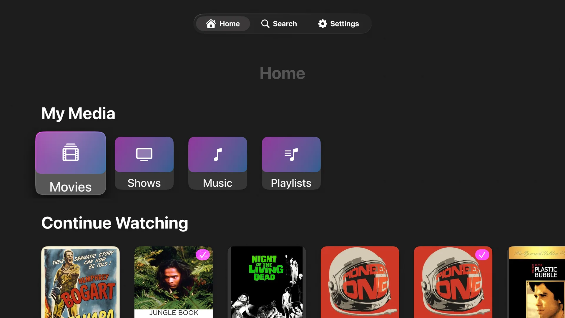 TVFin Home screen: My Media tiles for Movies, Shows, Music and Playlists above a Continue Watching row
