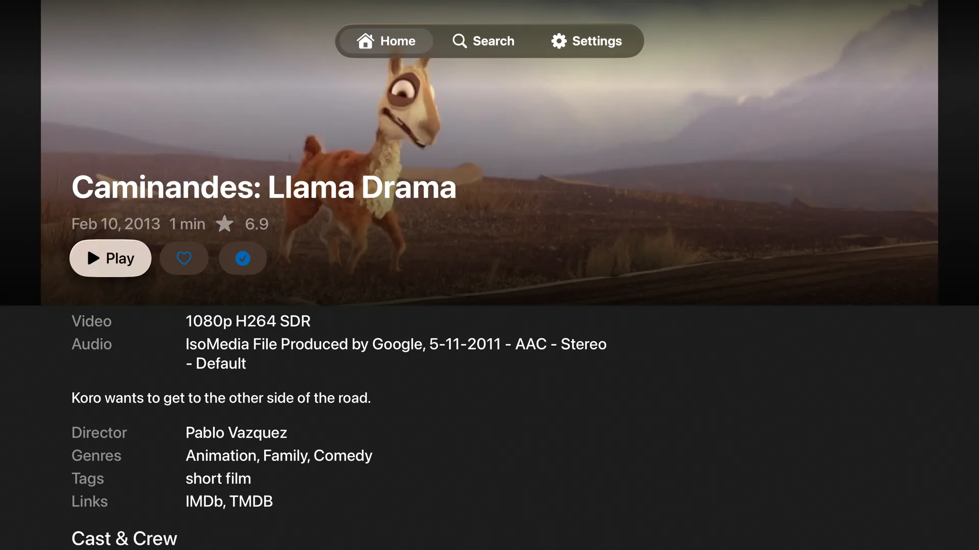 Detail page for the short film Caminandes: Llama Drama with Play, Favorite and Watched buttons, its formats, overview and director