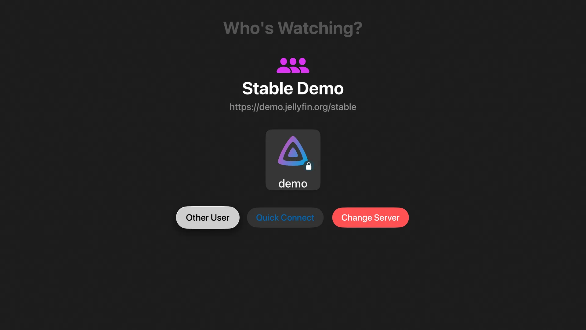 Who's Watching screen listing the profiles on a Jellyfin server, with Other User, Quick Connect and Change Server buttons